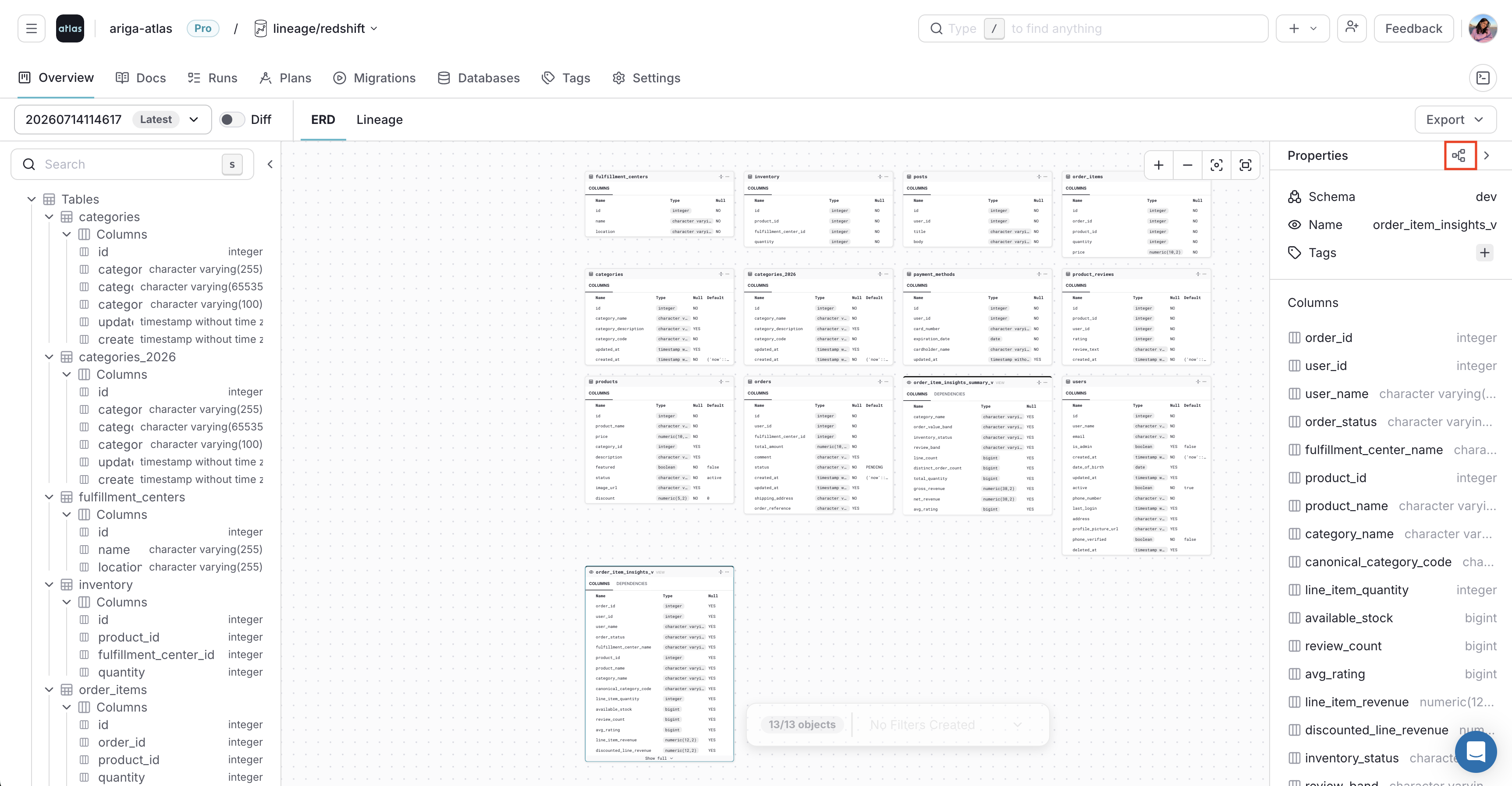 Opening the lineage graph from the ERD view in Atlas Cloud