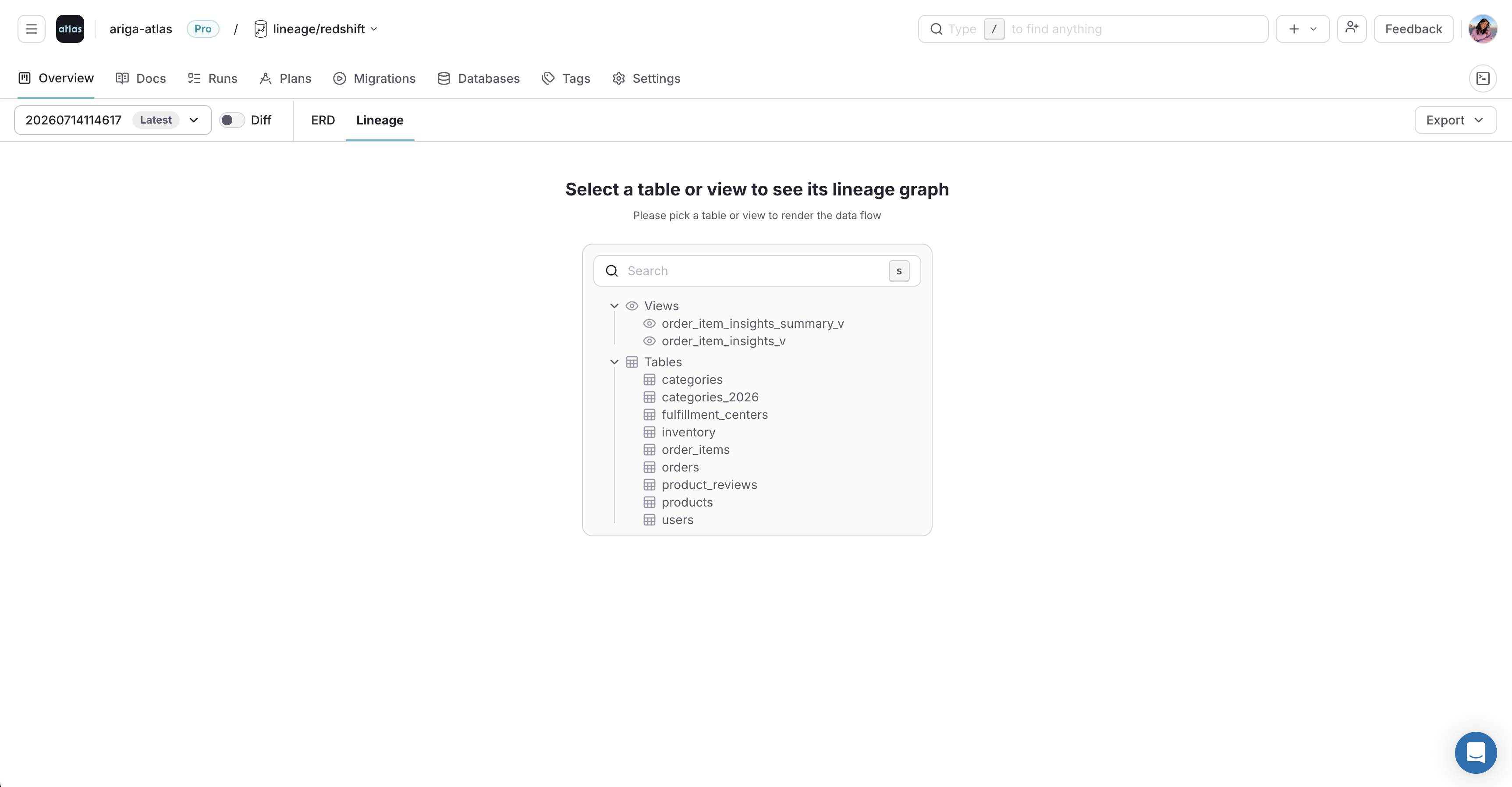 Atlas Cloud overview page with the Lineage tab selected