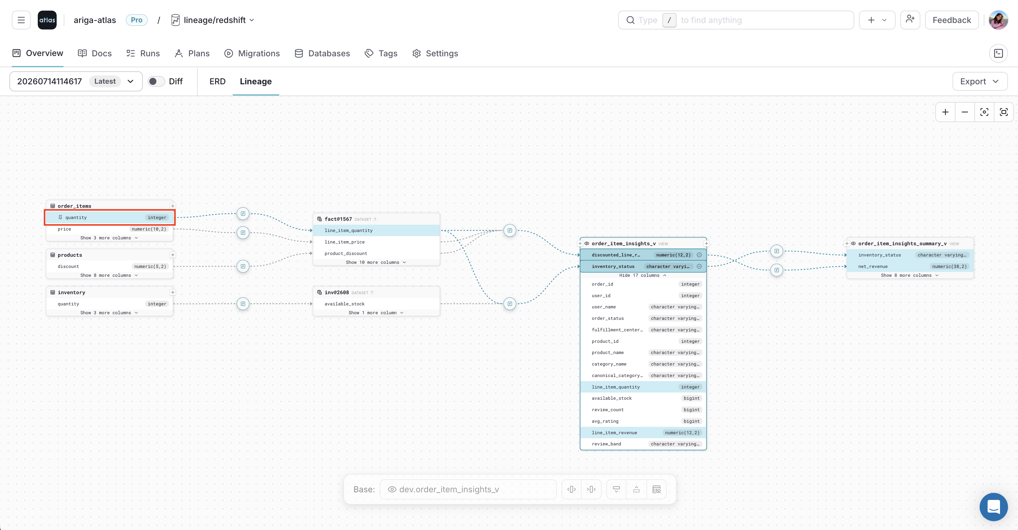 Pinning a related column from the selected lineage path in Atlas Cloud