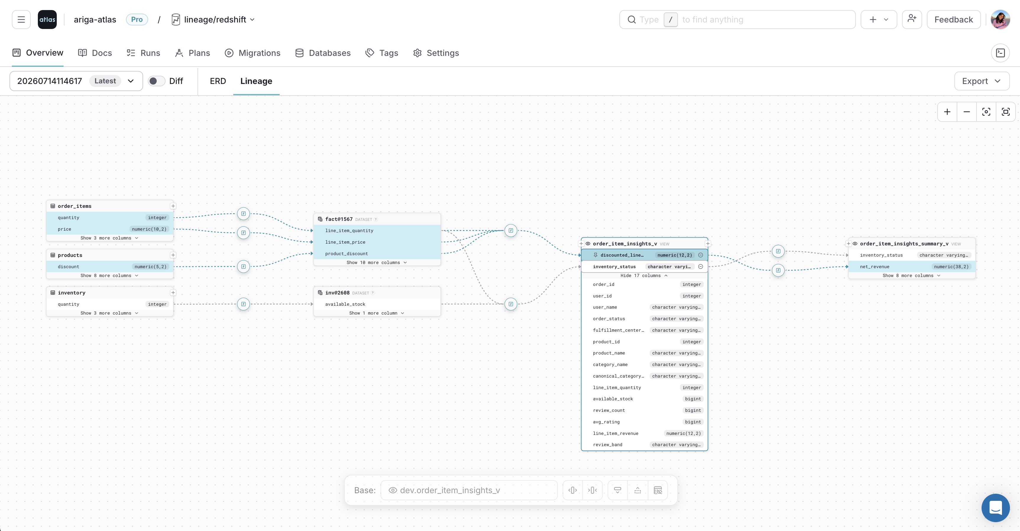 Pinning a selected column in the Atlas Cloud lineage graph