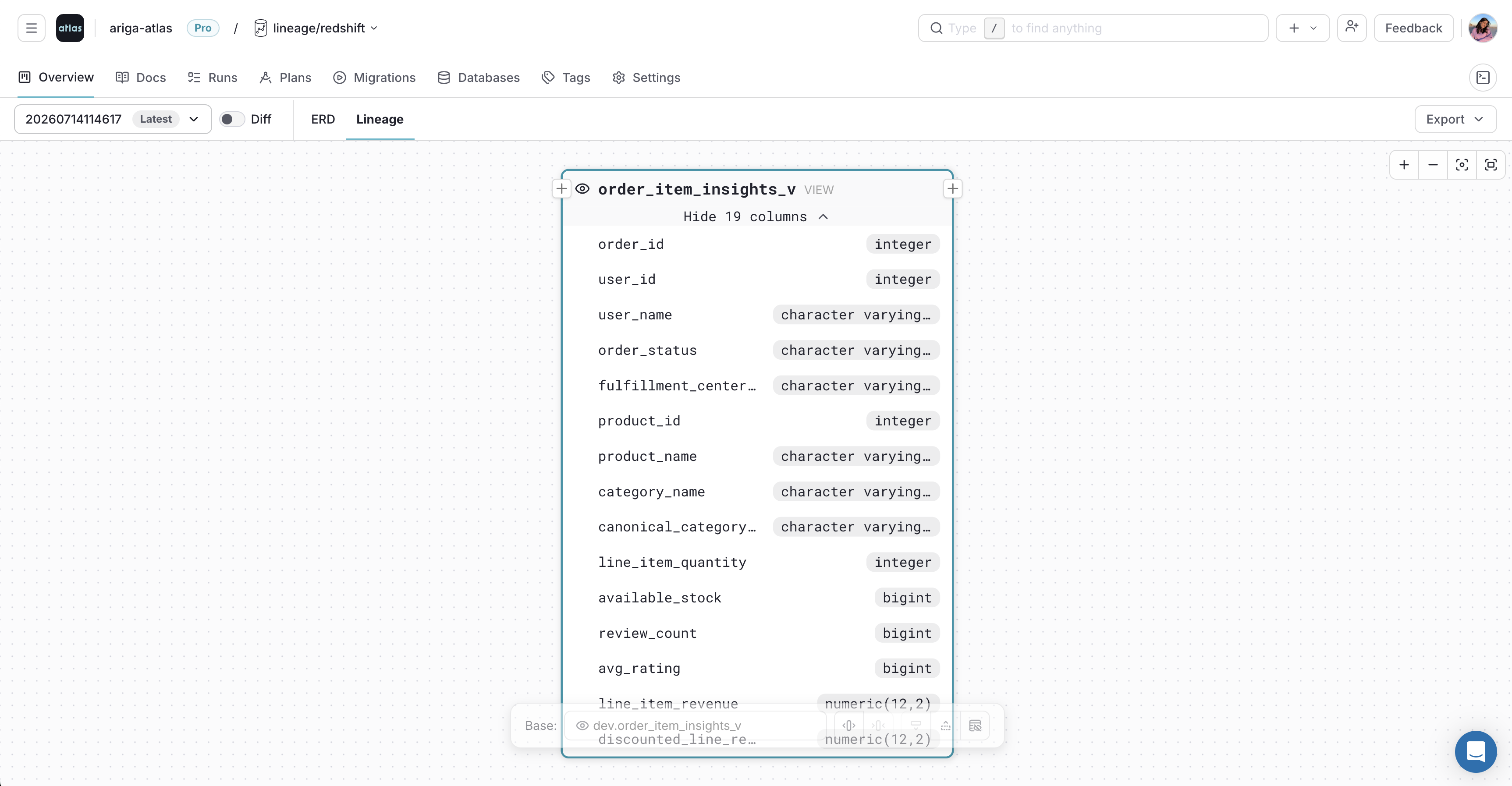 Selecting a table or view in the Atlas Cloud lineage graph